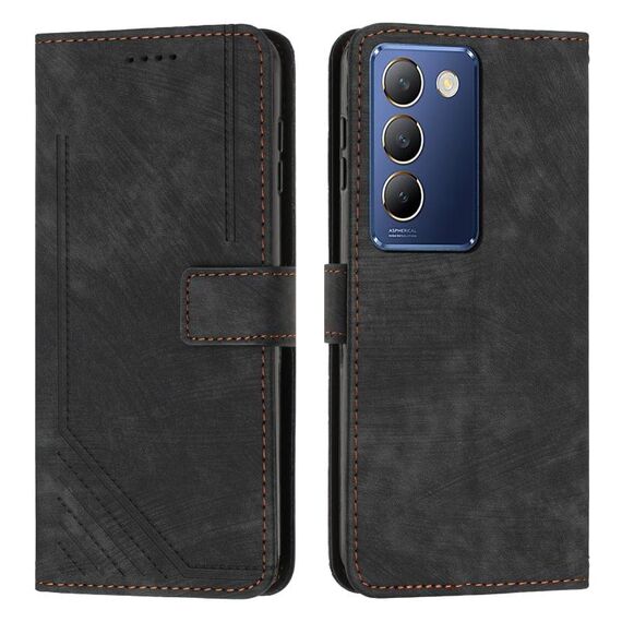 Custodia per telefono in pelle con motivo a strisce per vivo Y100 IDN con cordino (nero)