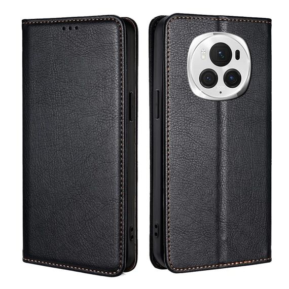 Custodia per telefono in pelle magnetica tinta unita per Honor Magic6 Pro Gloss Oil (nera)
