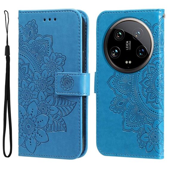 Custodia per telefono in pelle con stampa a fiori a 7 petali Xiaomi 14 Ultra (blu)