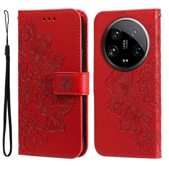 Custodia per telefono in pelle con stampa a fiori a 7 petali Xiaomi 14 Ultra (rossa)