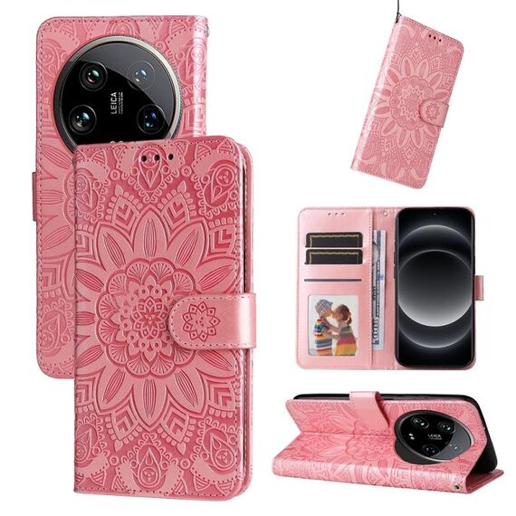Per Xiaomi 14 Custodia per telefono in pelle girasole ultra goffrata (oro rosa)