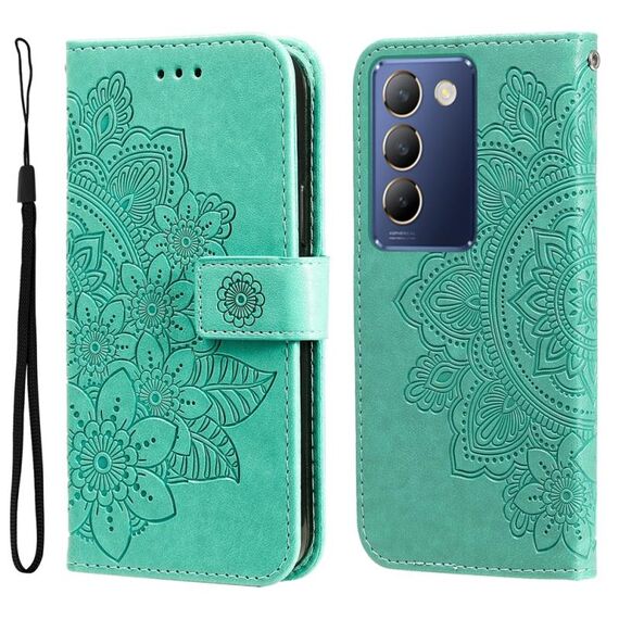 Per vivo Y100 IDN / Y200e 5G Global Custodia per telefono in pelle con stampa a 7 petali di fiori (verde)