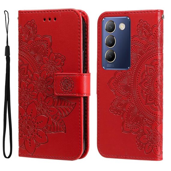 Per vivo Y100 IDN / Y200e 5G Global Custodia per cellulare in pelle con fiori a 7 petali (rossa)