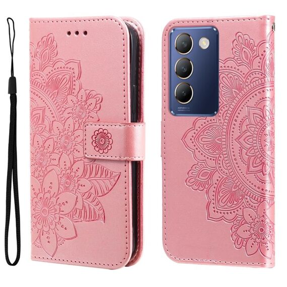 Per vivo Y100 IDN / Y200e 5G Global Custodia in pelle con fiori a 7 petali in rilievo (oro rosa)
