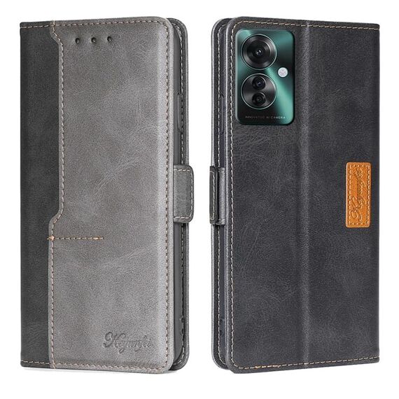 Per OPPO Reno11 F 5G Custodia per telefono in pelle con fibbia laterale in colore a contrasto (nero + grigio)