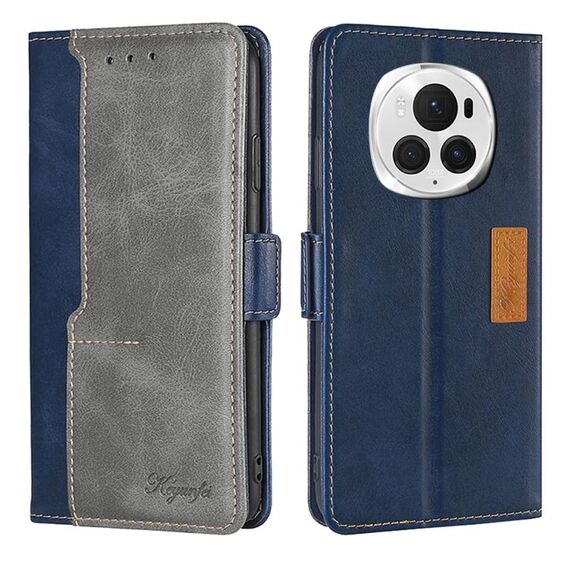 Per Honor Magic6 Pro Custodia per telefono in pelle con fibbia laterale a colori a contrasto (blu + grigio)
