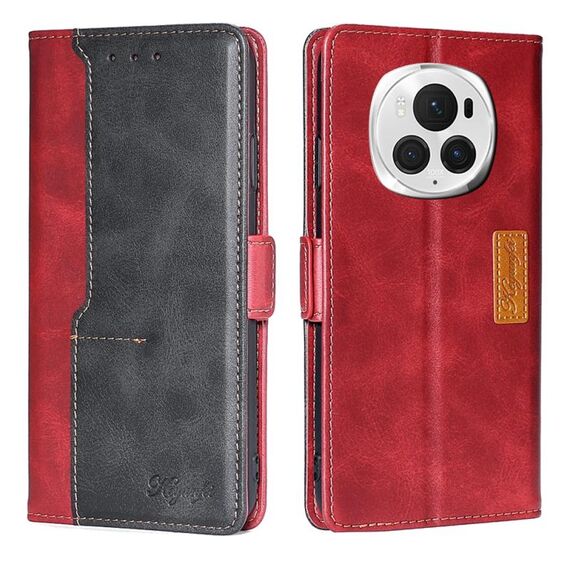 Per Honor Magic6 Pro Custodia per telefono in pelle con fibbia laterale a colori a contrasto (rosso + nero)