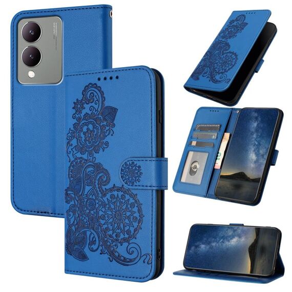 Custodia per telefono in pelle con vibrazione in rilievo fiore India Datura per vivo Y17s 4G Global/Y28 5G (blu)