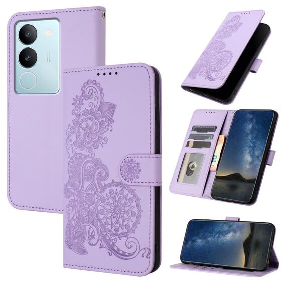 Custodia per telefono in pelle con vibrazione in rilievo fiore Datura per vivo V29 5G Global/V29 Pro (viola)
