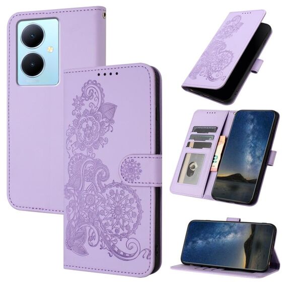 Custodia per cellulare in pelle con vibrazione in rilievo fiore Datura per vivo V29 Lite (viola)