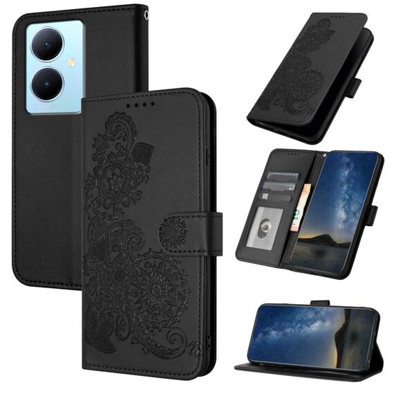 Custodia per cellulare in pelle con vibrazione in rilievo fiore Datura per vivo V29 Lite (nera)