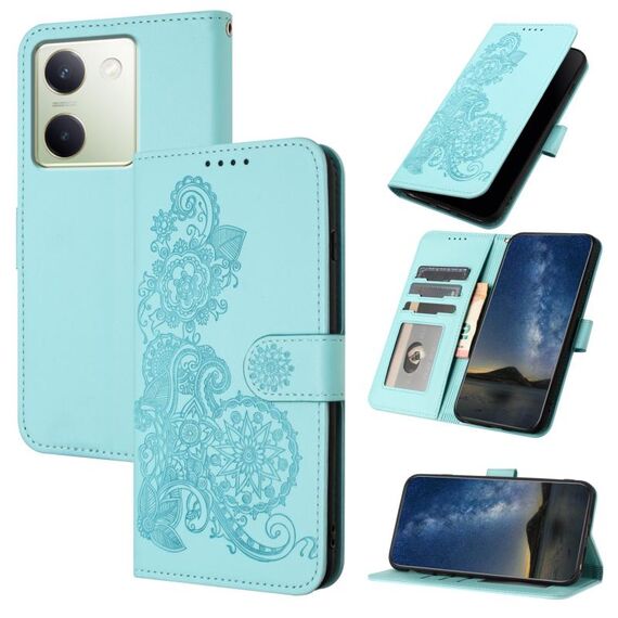 Custodia per telefono in pelle con vibrazione in rilievo fiore Global Datura per vivo Y100 5G (azzurro)