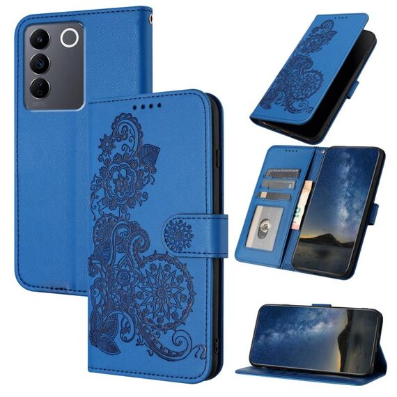 Custodia per telefono in pelle con vibrazione in rilievo fiore Datura per vivo V27e 4G Global/T2 4G Global (blu)