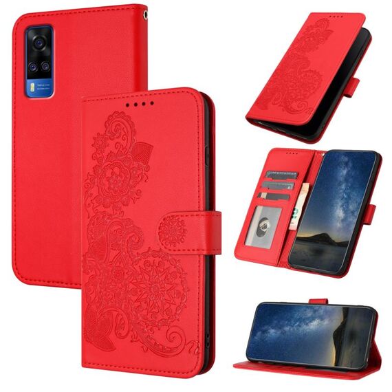 Per vivo Y53s 4G/Y51a/Y33 4G Datura Custodia in pelle con motivo floreale in rilievo (Rosso)