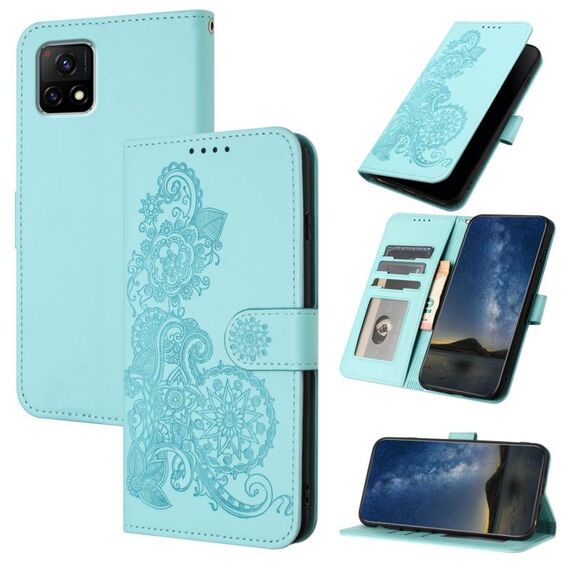 Custodia per telefono in pelle con vibrazione in rilievo fiore India Datura per vivo Y72 5G (azzurro)