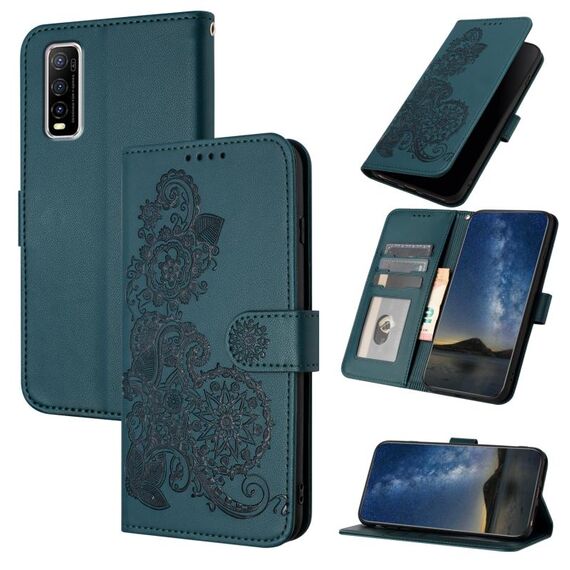 Custodia per cellulare in pelle con vibrazione in rilievo fiore Datura per vivo Y70s (verde scuro)