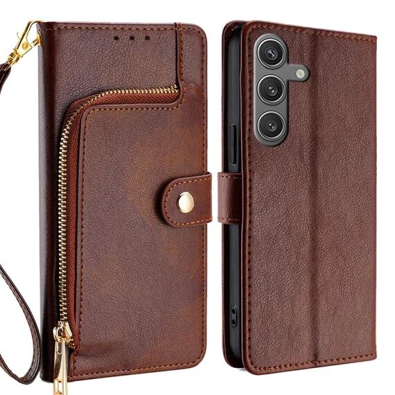 Custodia per telefono in pelle con cerniera per Samsung Galaxy S24 5G (marrone)
