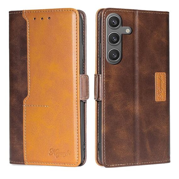 Per Samsung Galaxy S24 5G Custodia per telefono in pelle con fibbia laterale in colore a contrasto (marrone scuro + oro)