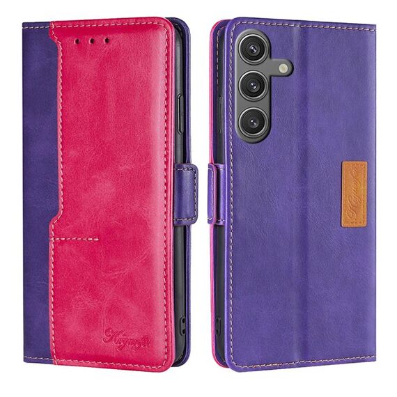 Per Samsung Galaxy S24 5G Custodia per telefono in pelle con fibbia laterale in colore a contrasto (viola + rosa rossa)