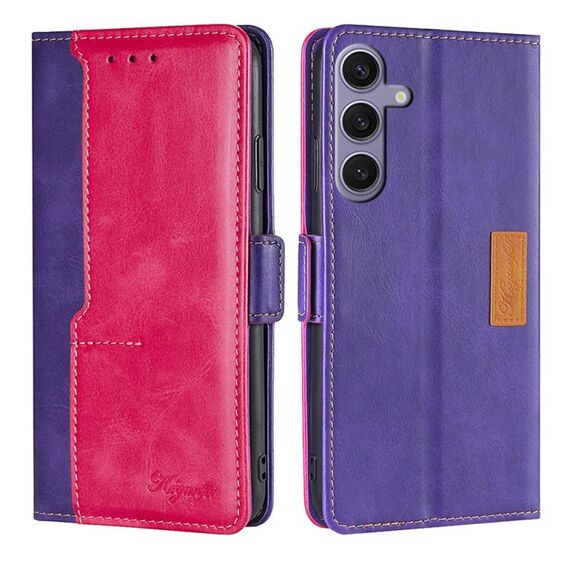 Per Samsung Galaxy S24+ 5G Custodia per telefono in pelle con fibbia laterale in colore a contrasto (viola + rosa rossa)