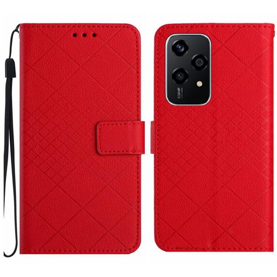 Custodia per telefono in pelle con struttura a griglia rombica per Honor 200 Lite (rossa)