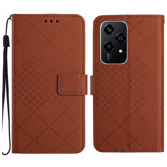 Custodia per telefono in pelle con struttura a griglia rombica per Honor 200 Lite (marrone)