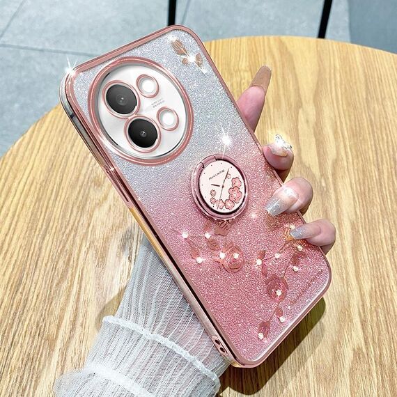 Custodia per telefono all-inclusive con anello floreale immortale con glitter sfumati per vivo S18E (rosa)