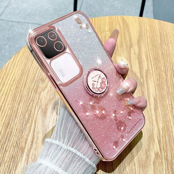 Custodia per telefono all-inclusive con anello floreale immortale con glitter sfumati per vivo S18 (rosa)