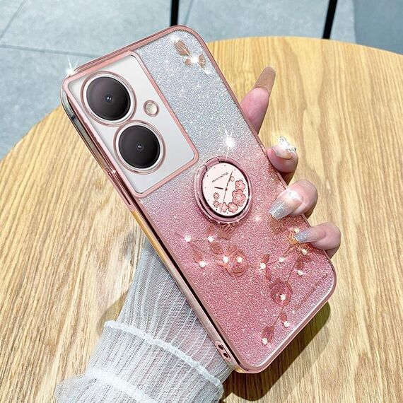 Custodia per telefono all-inclusive con anello floreale immortale con glitter sfumati per vivo Y78+ (rosa)
