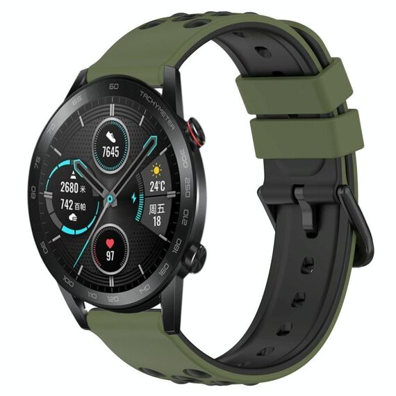 For Honor Magic Watch 2 46mm 22mm Cinturino in silicone poroso bicolore (verde militare + nero)