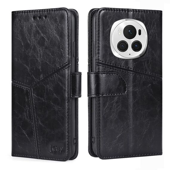 Custodia per telefono in pelle con cuciture geometriche per Honor Magic6 Pro (nera)