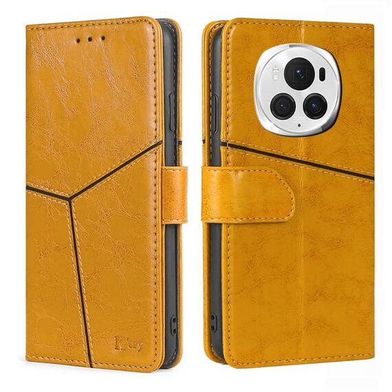 Custodia per telefono in pelle con cuciture geometriche per Honor Magic6 Pro (gialla)