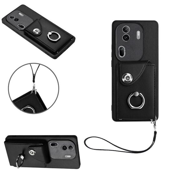 Per OPPO Reno11 Pro Custodia per cellulare in PU con porta carte per organo globale con cordino (nero)