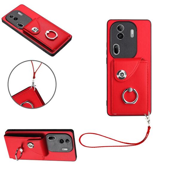 Per OPPO Reno11 Pro Custodia per cellulare in PU con porta carte per organo globale con cordino (Rosso)