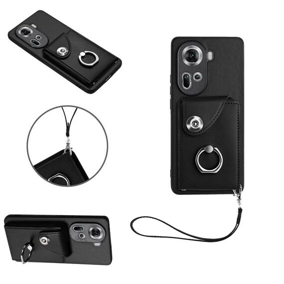 Per OPPO Reno11 Custodia per cellulare in PU con porta carte per organo globale con cordino (nero)