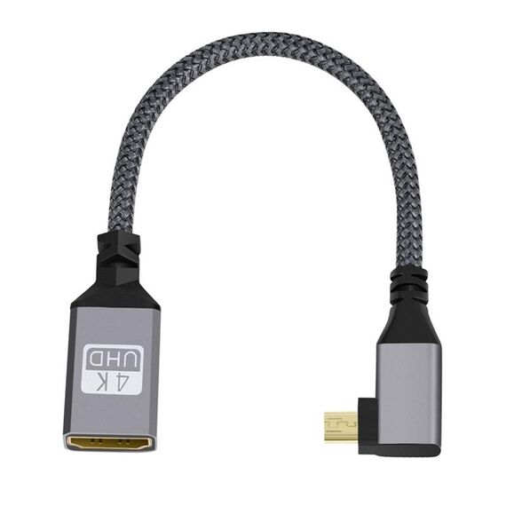 Cavo di collegamento da micro HDMI maschio a gomito a HDMI femmina 4K UHD 18 Gbps, lunghezza: 20 cm (grigio)
