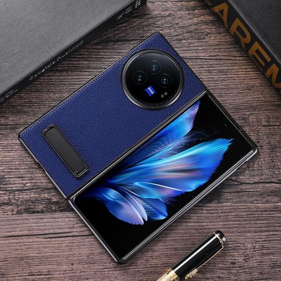Custodia per telefono in PU con texture Litchi per vivo X Fold3 Pro con supporto (blu)