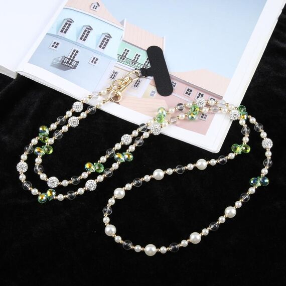 Cordino a tracolla con perla e diamante flash a catena lunga anti-smarrimento per cellulare (verde)