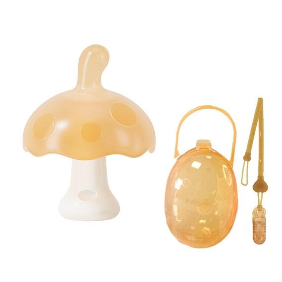 Massaggiagengive in silicone per bambini, tipo piccolo fungo, bastoncino per dentizione anti-mangiamento, colore: con scatola + catena beige