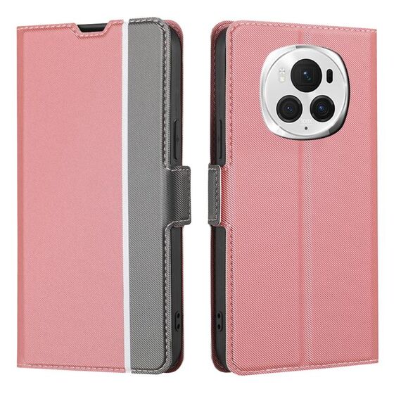 Custodia per telefono in pelle con pulsanti laterali con trama in twill per Honor Magic6 Pro (rosa)
