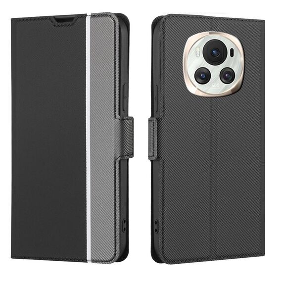 Custodia per telefono in pelle con bottoni laterali con texture twill per Honor Magic6 (nera)