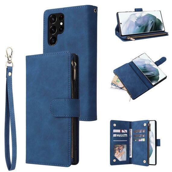 Per Samsung Galaxy S22 Ultra 5G Custodia multifunzionale in pelle con cerniera satinata a portafoglio (blu)