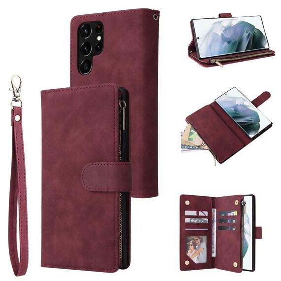 Per Samsung Galaxy S22 Ultra 5G Custodia multifunzionale in pelle con cerniera satinata a portafoglio (vino rosso)