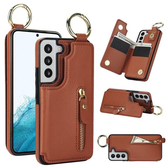 Custodia per telefono per Samsung Galaxy S22 5G Litchi Texture Zipper doppia fibbia (marrone)