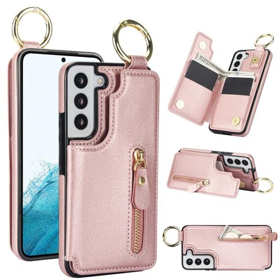 Custodia per telefono per Samsung Galaxy S22 5G Litchi Texture Zipper doppia fibbia (oro rosa)