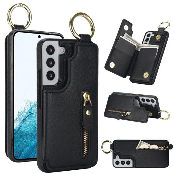 Custodia per telefono per Samsung Galaxy S22+ 5G Litchi Texture con cerniera doppia fibbia (nero)