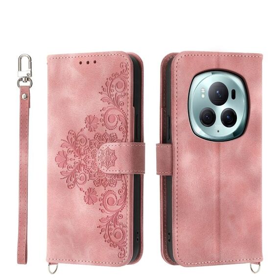 Custodia per telefono in pelle a portafoglio con fiori in rilievo per Honor Magic6 Pro (rosa)