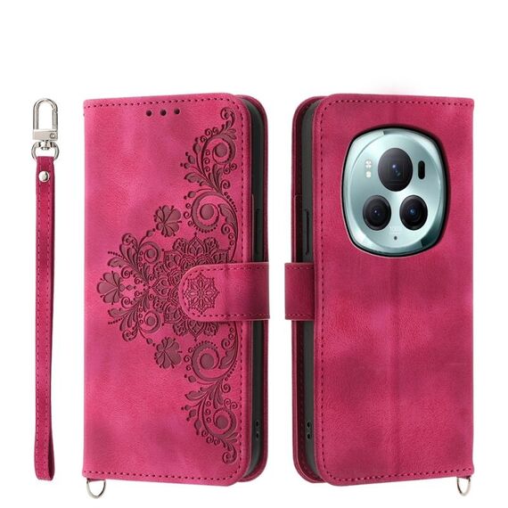 Custodia per telefono in pelle a portafoglio con fiori in rilievo per Honor Magic6 Pro (vino rosso)