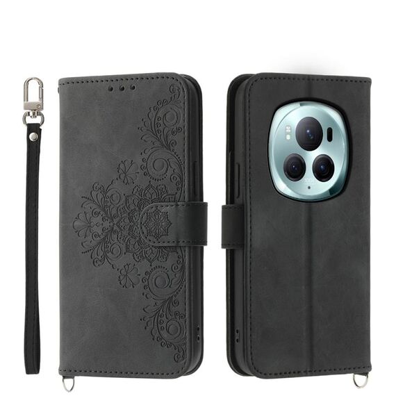 Per Honor Magic6 Pro Custodia per cellulare in pelle con fiori in rilievo con sensazione di pelle (nera)
