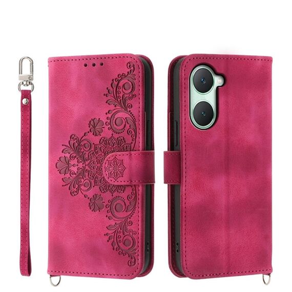 Custodia per telefono in pelle a portafoglio con fiori in rilievo per vivo Y03 (vino rosso)